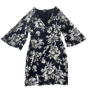 Ralph Lauren Navy Floral Wrap Dress with Bell Sleeves